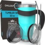 Stainless Steel Travel Mug with Handle 30 oz – 6 Piece Set. Tumbler with Handle, Straw, Cleaning Brush & 2 Lids. Double Wall Insulated Large Coffee Mug Bundle - Aqua Blue Powder Coated Tumbler - Image 2