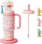 Stainless Steel Whale Fountain Tumbler with Handle, Drinking Cup with Whale Squirt, 24oz Whale Water Bottle Two Silicone Soft Tip, Leak-Proof Whale Fountain Tumbler for Kids Teens Adults (A-Pink) - Image 2