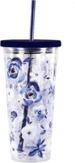 Steel Mill & Co Insulated Cup with Lid and Straw, Floral 24oz Tumbler, Double Wall Travel Cup, BPA-Free Acrylic Tumbler, Fits in Cupholders, Blue Watercolor - Image 2