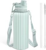 Stripe Stainless Steel Water Bottle with Strap 32oz, Insulated Bottles with Straw and Spout Lid for Gym Sports Travel Outdoor, Gifts for Women Girls Birthday Christmas - Image 2