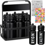 Suclain 7 Pcs Water Bottle Carrier with 20 Oz Bottles and Stickers Plastic Wide Mouth Sports Water Bottle Squeeze Team Bottles with Black Lid for Fitness Bike Gym (Black) - Image 2