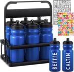 Suclain 7 Pcs Water Bottle Carrier with 20 Oz Bottles and Stickers Plastic Wide Mouth Sports Water Bottle Squeeze Team Bottles with Black Lid for Fitness Bike Gym (Dark Blue) - Image 2