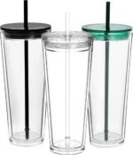 Suertestarry 24 oz Clear Tumblers with Lid and Straw, 3 Pack Plastic Tumblers, Reusable Double Wall Insulated Cups for Travel,Parties, Birthdays,Gifts(3, Transparent+Black+Green) - Image 2