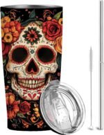 Sugar Skull Rose 20 oz Tumbler, Insulated Stainless Steel, Day of the Dead Halloween Travel Mug, Sugar Skull Gifts for Women & Men, Spooky Witchy Hot & Cold Drink Cup for Christmas & Birthday - Image 2
