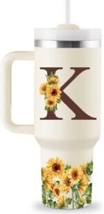 Sunflower Gifts for Women - Monogrammed 40 oz Tumbler with Handle & Straw - Christmas Personalized Gifts for Women, Monogrammed Gift for Mom, Wife, Sister, Friend - Initial Sunflower Tumbler Cup - Image 2