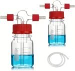 TISMART Lab Gas Washing Bottle Glass bubbler100mL 2 PCS, Graduated Buffer Bottle with Head GL45, BORO3.3 GL14 PBT Red Screw Cap and 1M 8 * 12mm Latex tubing for Lab. - Image 2