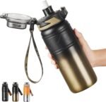 TKK 24 oz Insulated Water Bottle with Straw, Leak Proof Stainless Steel Double Wall Vacuum Bottles with Strap, Reusable Metal Sports Water Bottle for Hot & Cold Drinks, Dishwasher Safe, Black Gold - Image 2