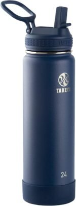 Takeya Actives 24 oz Water Bottle with Straw Lid - Double Wall Stainless Steel Insulation - Dishwasher Safe & BPA-Free - Removable Bumper - Midnight Blue - Image 2