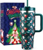 TaroKitc Christmas Gifts for Women Men Kids, 40 oz Christmas Tumbler with Handle and Straw Lid, Triple Wall Stainless Steel Insulated Travel Mug Cup, Fit in Cup holder(Dark Green Santa Claus Star) - Image 2