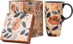 Topadorn Ceramic Travel Mug with Lid and Handle ，Coffee Mug Teacup in Color Box 17 Oz, Splash Resistant Lid - To Go Tumbler for Car Cup Holder, Green Leaves And Flowers - Image 2