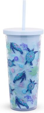 Travel Tumbler with Lid and Straw, 24 Ounce Insulated Cup, Blue Plastic Double Wall Tumbler, Turtle Dream - Image 2
