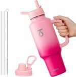 Trebo 40 oz Water Bottle Insulated with Handle, Leakproof Keep 24hrs Cold &Hot,Stainless Steel Travel Tumbler that Fits in Car Cup Holder with Straw Lids,Pink Reusable Water Bottles for women - Image 2