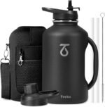 Trebo Half Gallon 64oz Water Bottle with Handle,Double Wall Vacuum Insulated Large Water Jug,Stainless Steel Water Bottle Flask,Gym Water Bottles For Men with Straw Spout Lids Strap,Black - Image 2