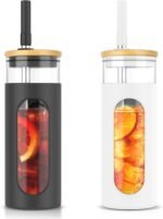Tronco 20oz Glass Tumbler with Bamboo Lid and Straw, Glass Cup For Boba,Iced Coffee,Smoothie, Spill Proof Glass Water Bottle With Silicone Protective Sleeve, Dishwasher Safe,BPA Free - Image 2
