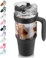 Tronco 40 oz Glass Tumbler with Straw and Lid, Leak-proof Flip Straw, Reusable Iced Coffee Cup with Handle, Glass Water Bottles Fits in Cup Holder, Lead-Free, BPA-Free - Image 2