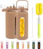 Tronco 64oz Glass Water Bottles with Straw Lid and Time Marker Half Gallon Large Motivational Water Bottle with Silicone Sleeve 2L Refillable Water Jug Bottle for Gym Home Workout BPA Free,Khaki - Image 2