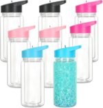 Tswofia 8 Pack 10 Oz Plastic Snow Globe Tumbler for Kids with Pre-Drilled Hole and Plug, Leak Proof Double Wall Snow Globe Sports Water Bottles with Portable Handle for Glitter DIY Gift, Mixed Color - Image 2