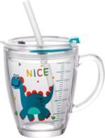 Tumbler with Straw and Lid Kids Cups Water Glasses with Handle Measuring Scale Iced Milk Juice Travel Mug Domestic Reusable Eco-friendly Cups for Girls Boys Adults 300ML (Dinosaur) - Image 2