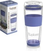 Tupkee Double Wall Glass Tumbler - 14-Ounce, All Glass Hand Blown Reusable Insulated Tea/Coffee Mug & Lid, Travel Mug - Jacaranda - Image 2