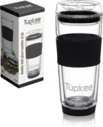 Tupkee Double Wall Glass Tumbler - 14-Ounce, All Glass Reusable Insulated Tea/Coffee Mug & Lid, Hand Blown Travel Mug - Black - Image 2