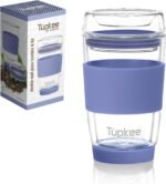 Tupkee Double Wall Glass Tumbler - 8-Ounce, All Glass Hand Blown Reusable Insulated Tea/Coffee Mug & Lid, Travel Mug - Jacaranda - Image 2