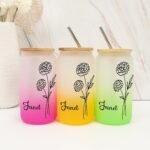 UanMere Mothers Day Gifts Personalized Birth Flower Glass Water Bottle with Bamboo Lid 16 Oz Iced Coffee Water Cups W/Lids Straws Holiday Women Gifts for Girlfriend, Teacher, October Bitrhflower - Image 2