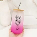UanMere Personalized Birth Flower Glass Tumbler, Customized Birth Flower Glass Water Bottle with Name, Engagement Gifts, Women Gifts for Coffee Lover, Girlfriend, Glass Iced Coffee Cup with Lid - Image 2