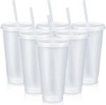 Uiifan 6 Pcs Reusable Tumbler with Lids and Straws Plastic Iced Coffee Tumbler Glitter Travel Mug Cup for Smoothie Juices Birthday Party Cold Drink Coffee Cup Bulk for Adult Kid Women(24 oz,Clear) - Image 2