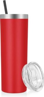 VEGOND 20 oz Stainless Steel Skinny Tumbler with Lids and Straws, 20oz Double Wall Insulated Slim Tumbler Cup for Cold Hot Drinks, Red 1 Pack - Image 2