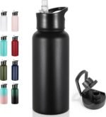 VEGOND 32 oz Insulated Water Bottle Stainless Steel Metal Water Bottles with Leak Proof Straw Lid & Spout Lid, Wide Mouth Double Walled Vacuum Travel Sports Bottle, Black - Image 2