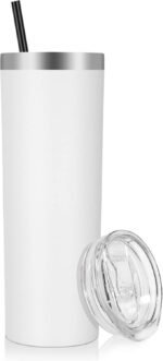 VEGOND Stainless Steel Skinny Tumbler, 20 oz Vacuum Insulated Tumbler with Lid and Straw, Double Wall Coffee Cup, Travel Mug for Cold Hot Drinks, White 1 Pack - Image 2