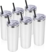 VEGOND Stainless Steel Tumblers Bulk 6 Pack, 20 oz Vacuum Insulated Skinny Tumblers with Lid and Straw, Double Wall Coffee Mug, Travel Water Cup, White - Image 2