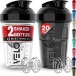 VELOMIX -2 Pack- 20 oz Protein Shaker Bottles for Protein Mixes - 2x Wire Whisk | Leak Proof Shaker Cups for Protein Shakes and Pre Workout | Protein Shaker Bottle Pack (Black/Transparent) - Image 2