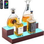 VEVOR LED Lighted Liquor Bottle Display, 2-Tier 16 Inch Whiskey Rack, Supports USB, Illuminated Home Bar Shelf with RF Remote & App Control, 7 Static Colors, Acrylic+ Wood Lighted Shelf for 8 Bottles - Image 2