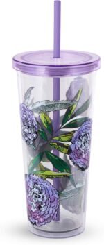Vera Bradley Travel Tumbler with Lid and Straw, 24 Ounce Insulated Cup, Purple Floral Plastic Double Wall Tumbler, Lavender Meadow - Image 2