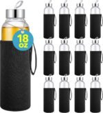 Vesici 12 Set 18 oz Clear Glass Water Bottles, Reusable Glass Juicing Bottles with Protection Sleeve and Stainless Steel Leak Proof Lids for Milk Smoothie Juice Beverage Tea (Black,Stylish) - Image 2