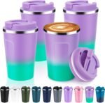 Volhoply 12 oz Double Wall Insulated Vacuum Travel Coffee Mug with Flip Lid Bulk 4 Pack,Reusable Stainless Steel Leak Proof Coffee Cup,Portable Thermal Tumbler for Hot&Cold Drinks(Purple Green,4 Set) - Image 2