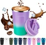 Volhoply 12 oz Double Wall Insulated Vacuum Travel Coffee Mug with Flip Lid,Reusable Stainless Steel Leak Proof Coffee Cup,Portable Iced Cafe Thermal Tumbler for Hot & Cold Drinks(Purple Green,1 Set) - Image 2