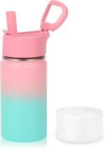 Volhoply 14oz KIds Stainless Steel Insulated Leakproof Water Bottle with Straw Lid and Silicone Boot,BPA-Free Easy Use for Boys&Girls,Double Wall Vacuum Bottles(Pink Green,1) - Image 2
