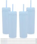 Volhoply 16oz Plastic Skinny Tumbler With Lid and Straw Bulk 4 Pack,Insulated Double Wall BPA Free Matte Acrylic Tumblers,Iced Coffee Travel Mug Reusable Party Cup,Customizable Diy Gifts(Blue,4 Set) - Image 2