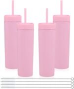 Volhoply 16oz Plastic Skinny Tumbler With Lid and Straw Bulk 4 Pack,Insulated Double Wall BPA Free Matte Acrylic Tumblers,Iced Coffee Travel Mug Reusable Party Cup,Customizable Diy Gifts(Pink,4 Set) - Image 2