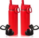 Volhoply 20oz Insulated Stainless Steel Water Bottle With Straw Lid Bulk 2 Pack,Kids Double Wall Vacuum Cups With Handle,Reusable Outdoor Sports Camping Metal Bottles,Travel Flask Keep Cold(Red,2) - Image 2