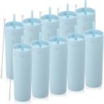 Volhoply 20oz Plastic Skinny Tumblers Bulk 10 Pack,Double Wall Tumbler with Lid and Straw,BPA Free Matte Acrylic Iced Coffee Cups with Straw,Reusable Travel Cute Mug for Party,DIY Gift(Blue, 10 Set) - Image 2