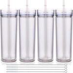 Volhoply 20oz Plastic Skinny Tumblers Bulk 4 Pack,Double Wall Tumbler with Lid and Straw,Reusable Travel Iced Coffee Mug,BPA Free Matte Acrylic Water Cups With Straw for Parties,DIY Gifts(Clear,4 Set) - Image 2