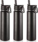 Volhoply 24oz Insulated Water Bottle With Straw Bulk 3 Pack,Metal Wide Mouth Water Bottles With Handle Lid Keep Cold,Reusable Double Wall Cups,Powder Coated Sport Bottle For Holder(Black,3 Count) - Image 2