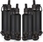 Volhoply 32oz Insulated Water Bottles Bulk 4 Pack with Straw Lid & Spout Lid,Stainless Steel Sports Water Bottle,Double Wall Vacuum Cups,Leakproof Wide Mouth Metal Flask for Hiking,Camping(Black,4) - Image 2
