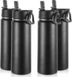 Volhoply Insulated Water Bottles with Straw Bulk 4 Pack, 22 oz Stainless Steel Sports Bottle with Handle Lid,Double Walled Vacuum Metal Travel Water Cups with Wide Mouth for Cold Drink(Black,4 Set) - Image 2