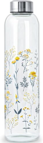 WENLIM Clear Water Bottle 32 oz BPA Free Glass Drinking Bottle for Juice with Stainless Steel Lid and Neoprene Sleeve (32 ounce, Scattered Flowers) - Image 2