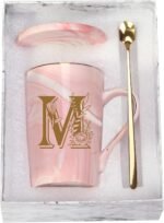 WENSSY Pink 14 Ounce Letter M with Flower Personalized Initial Mugs, Novelty Coffee Mugs for Women, Bridal Shower Gifts, Dishwasher Safe Porcelain Mug - Image 2