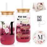 WINOWIMO Initial Glass Cups with Lids and Straws, Personalized Gifts for Women, Iced Coffee Cup Glass Tumbler, Birthday Bridesmaid Proposal Inspirational Customized Gifts for Her Girls (M) - Image 2